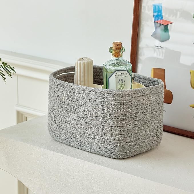 R RUNKA Small Cotton Rope Basket – Storage Bin for Organizing (10.6" x 6.7" x 6.7"), Bathroom Storage Basket for Shelf, Counter & Closet（Grey）