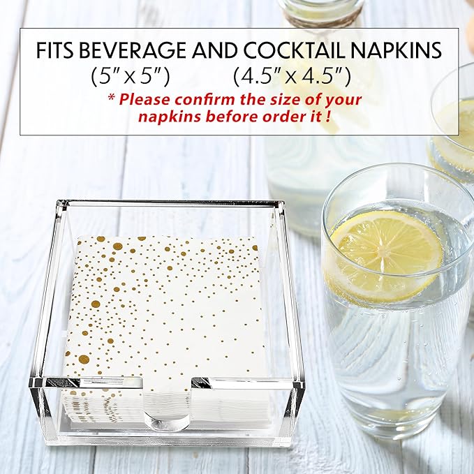 LotFancy Napkin Holder, Acrylic Cocktail Napkin Holder for 5 x 5 inch Napkin, Clear Paper Holder for Table, Kitchen, Bar, Party, Square Tissue Dispenser, Napkin Caddy for Bathroom