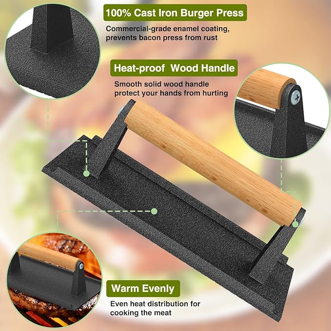 Wildone Smash Burger Press, Round Cast Iron Grill Press Burger Smasher for Griddle, Rectangular Bacon Press Meat Steak Press Sandwich Press with Wood Handle - 4Pcs