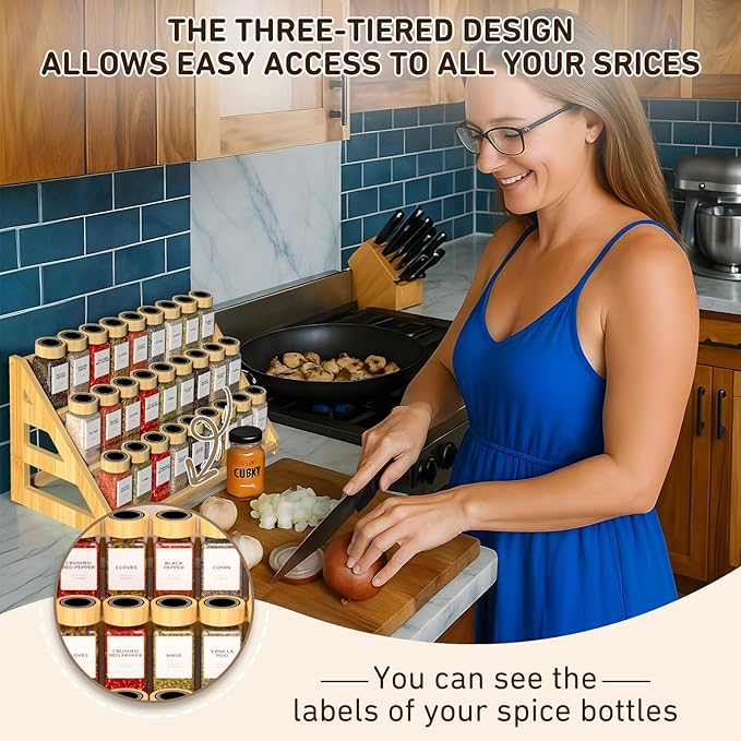 Nurtopia Bamboo 3 Tier Spice rack, Spice Organizer, Kitchen Seasoning Spices Rack, Suitable for Spice Organizers Such as Sitchen Countertops, Stoves, Sorage Rooms (L)