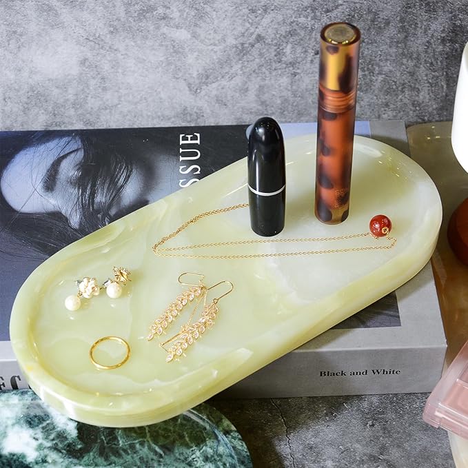 SWRONP Marble Tray for Kitchen Counter,Stone Tray for Bathroom Countertop,Dresser Small Vanity Decor,Storage Trays for Perfumes,Candles,Jewelry (Greener)