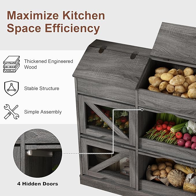 Potato Storage Bin Bread Box with Lid,Rustic Onion&Fruit Organizer with Wood Hidden Door,Farmhouse Grocery Section Decorative,Vegetable Organization Cabinet W/Mesh Door for Kitchen Dining Room(Grey)