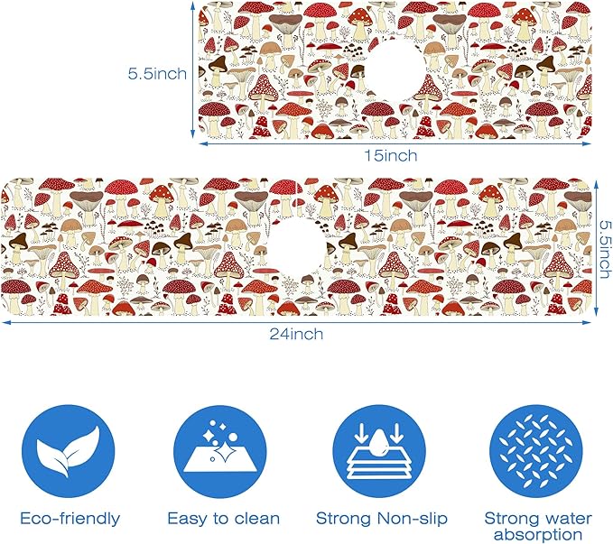 Cartoon Mushrooms Dish Drying Mat for Kitchen Sink Splash Guard Behind Faucet Sink Mat Absorbent Fast Drying Faucet Draining Mat for Bathroom Kitchen 5.5"×15"