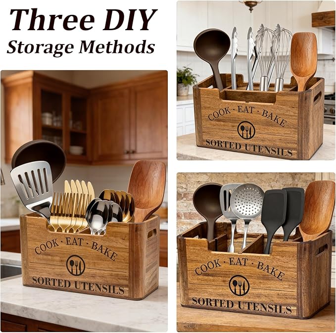 2-in-1 Upgraded Design Kitchen Utensil Holder,Acacia Wood Utensil Holder for Kitchen Counter, Large Utensil Holder with Removable Portable Organizer for Classified Storage,Ideal for Kitchen Use