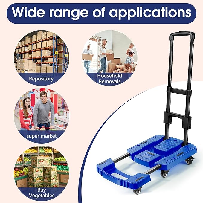 Folding Hand Truck 500lbs, Portable Heavy Duty Dolly Cart, 6 Wheels Collapsible Luggage Cart with 2 Elastic Ropes - Compact Trolley Cart for Easy Moving - Ideal Hand Cart for Travel and More