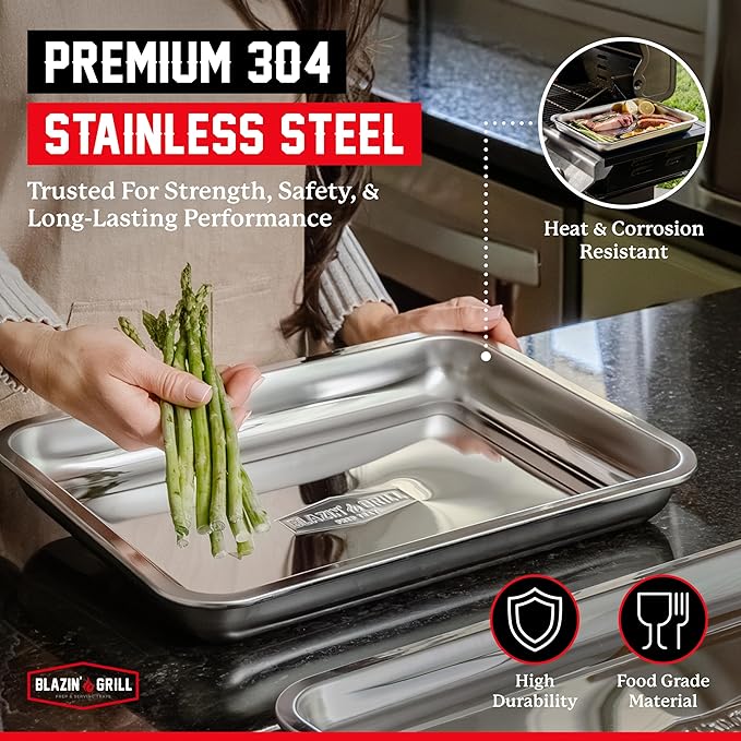 BLAZIN' GRILL Prep and Serving Trays | Set of 2 Stackable Stainless Steel Trays | Trays for Marinating, Serving & Chopping | Serving Platter for Plating Food & BBQ Prep Tub | Grilling Accessories