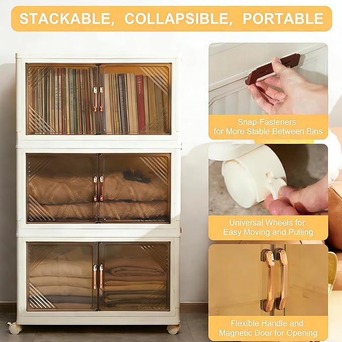 3-Tier Storage Bins with Lids, 97QT Stackable Bins with Wheels, Closet Organizer Storage, Plastic Large Collapsible Storage Containers for Home, Bedroom, Office Organization (3-Tier 97QT)