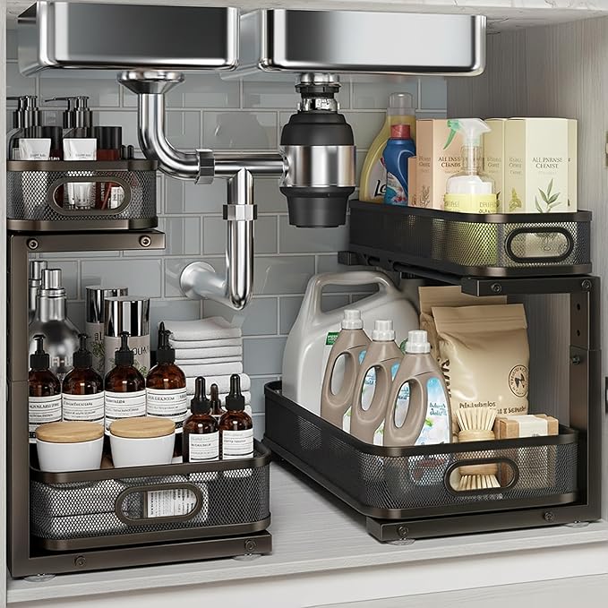 ValorTiger 2 Pack Under Sink Organizer, Dual-Layer Pull Out Mesh Cabinet Rack with 5-Level Height Adjustment, Rust-Resistant Sliding Storage for Bathroom & Kitchen, Multi-Purpose 2-Tier Shelf(Black)