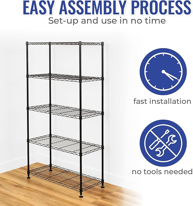 SafeRacks - NSF Certified Storage Shelves, Zinc, Heavy Duty Steel Wire Unit with Adjustable Feet, Garage or Bakers Rack, Kitchen, Pantry Shelf - (14"x30"x60" 5-Tier) (Black)