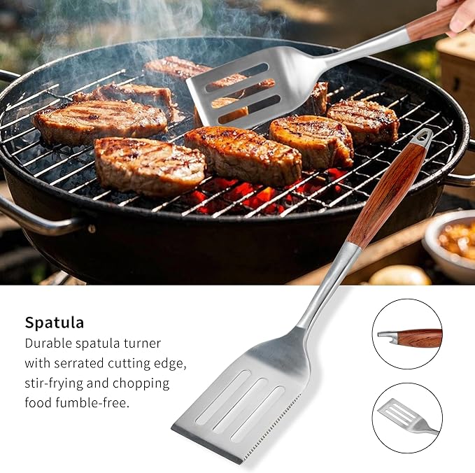 FJNATINH Heavy-Duty Grilling Accessories Rose Wooden BBQ Grilling Tools Set,Outdoor Grill Set with Spatula, Fork & Tongs,Essential Accessories for Barbecue & Grill. Ideal Gift for Men