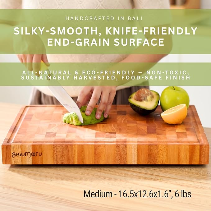 SHUMARU Mahogany End-Grain Wood Cutting Board – 16.5x12.6x1.6" Butcher Block | Handmade in Bali - Silky-Smooth, Juice Groove, Knife‑Friendly, Ergonomic Grips & Non‑Slip Feet