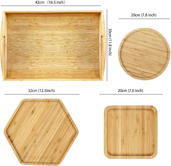 PAFREWOG Bamboo Serving Trays Cutting Boards 16.5"x11.8"（42x30cm with Handle, Set Includes 0.63"(1.6cm) Thick Plates Hexagon 12.5"(32cm)+Square 7.8"(20cm)+Circle 7.8"(20cm) for Family Dinner Time