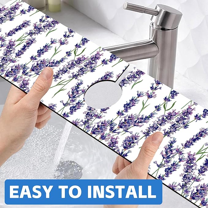 Watercolor Lavender Bunches Kitchen Sink Splash Guard Mat Absorbent Fast Drying Mat Faucet Draining Mat Sink Splash Guard Behind Faucet Drip Catcher for Kitchen Bathroom 5.5"×24"