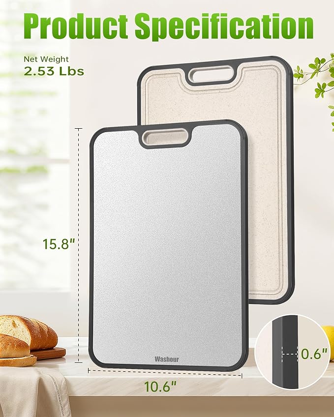 Washour Stainless Steel Cutting Boards for Kitchen, Non Toxic 2-in-1 Cutting Board Double Sided, Chopping Boards for Fresh Meat Vegetable, Easy to Clean Large Size 16”×11”