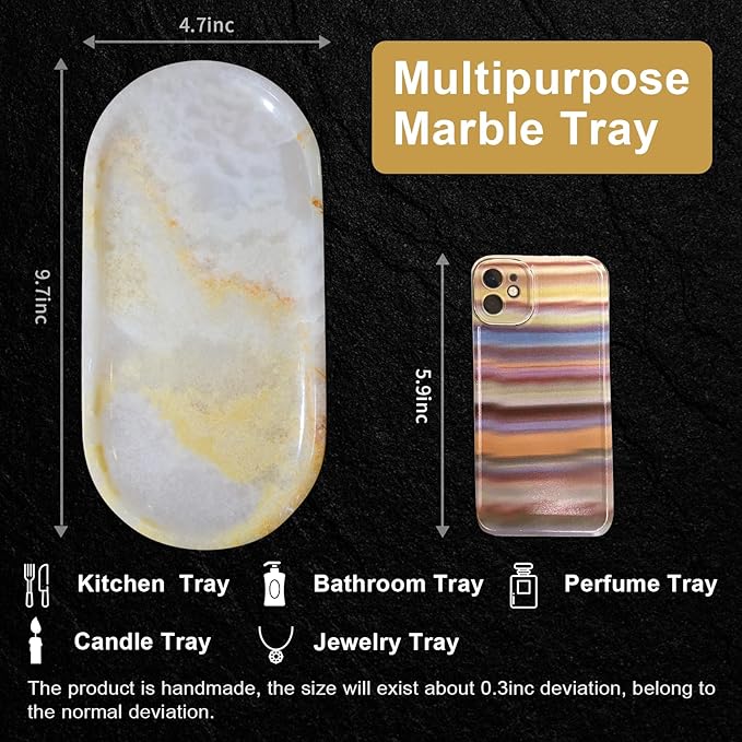 SWRONP Marble Tray for Kitchen Counter & Bathroom Countertop,Stone Vanity Tray for Dresser Decor,Small Storage Tray for Perfumes, Jewelry,Candles,Durable & Waterproof (Transparent White)