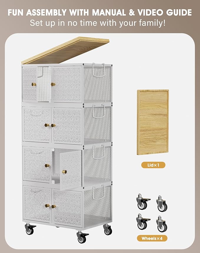 4 Tier Metal Storage Cabinet with wheels, Storage Bins with Magnetic Doors, Storage Cart for Living Room, Bedroom, Bathroom, Laundry, Kitchen