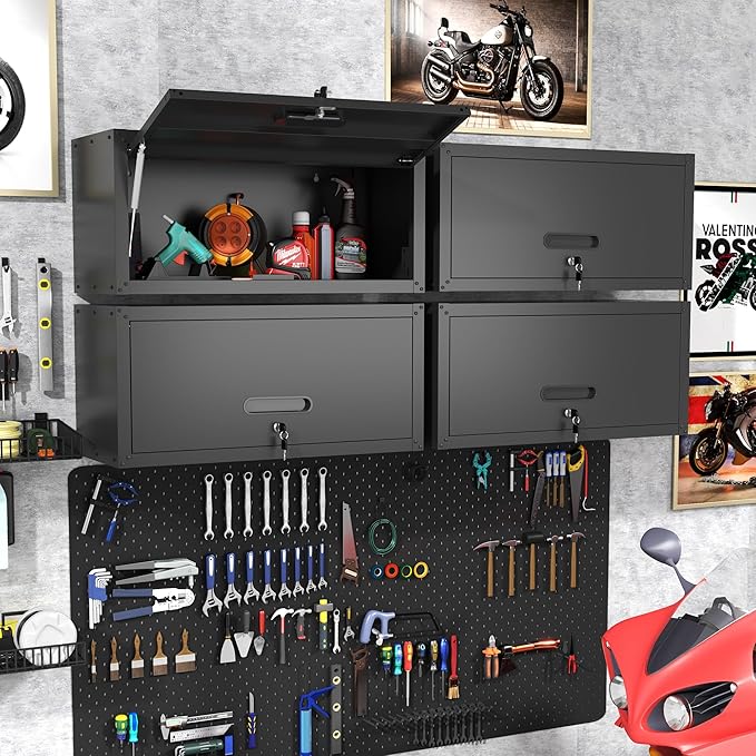 BIZOEIRON Garage Wall Cabinet with Flip-Up Door, Lockable Metal Storage Cabinet Wall Mounted, Hanging Tool Cabinet for Garage Basement Utility Room, Black