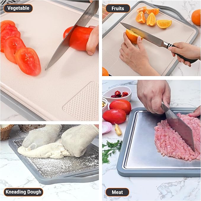 Zoane Creations Premium Stainless Steel Cutting Boards For Kitchen With Juice Groove, Double Sided 304 Grade Chopping Board, Heavy Duty, Dishwasher Safe, Non Toxic - Plain Grooved