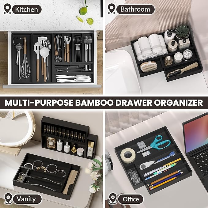 Greatseas Kitchen Drawer Organizer Bins, Stackable Bamboo Drawer Organizer for Silverware, Coffee Pod Organizer K Cup Holder for Countertop, 2 Pcs Coffee Station Organizer Black 12" x 6" x 2.5"