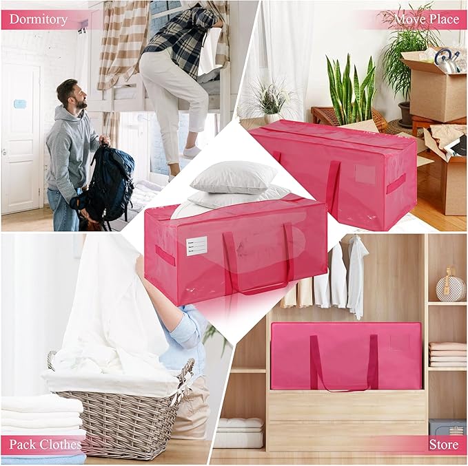 6 Pack Heavy Duty Extra Large Moving Bags with Handles,Waterproof Foldable Storage Totes, Clothing Storage Bags, Packing Moving Boxes for College Supplies, Pink
