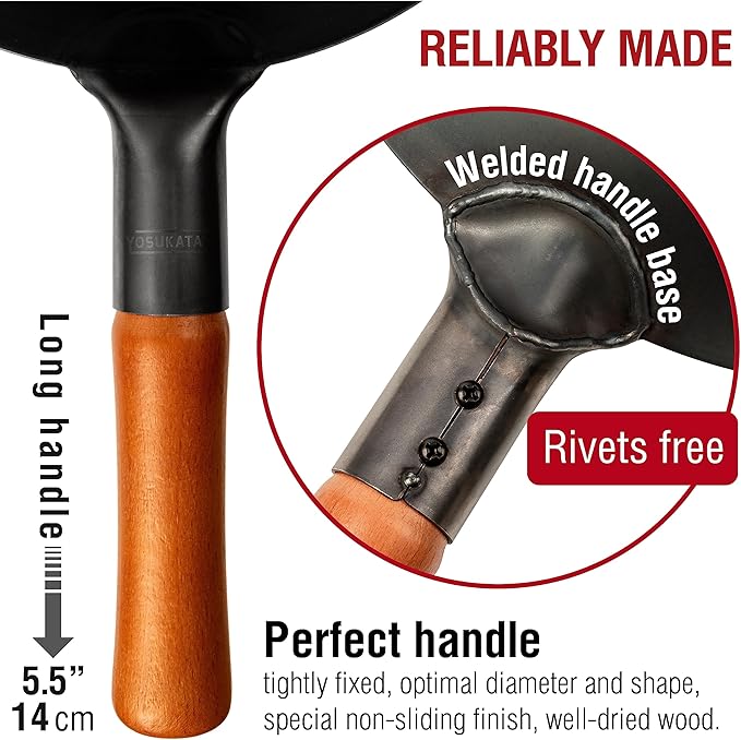 YOSUKATA Carbon Steel Wok Pan – 11,8 “ Woks and Stir Fry Pans + 17’’ Wok Spatula and Ladle - Set of 2 Heat-Resistant Wok Tools