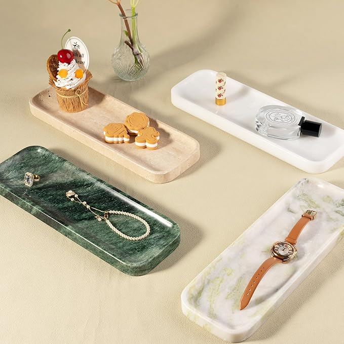 Koville Marble Tray, 12"x4" Marble Vanity Tray for Bathroom Kitchen Countertop Sink, Natural Stone Tray for Home Decor, Decorative Rectangular Narrow Catchall Tray for Jewelry(Namibia Bianco)