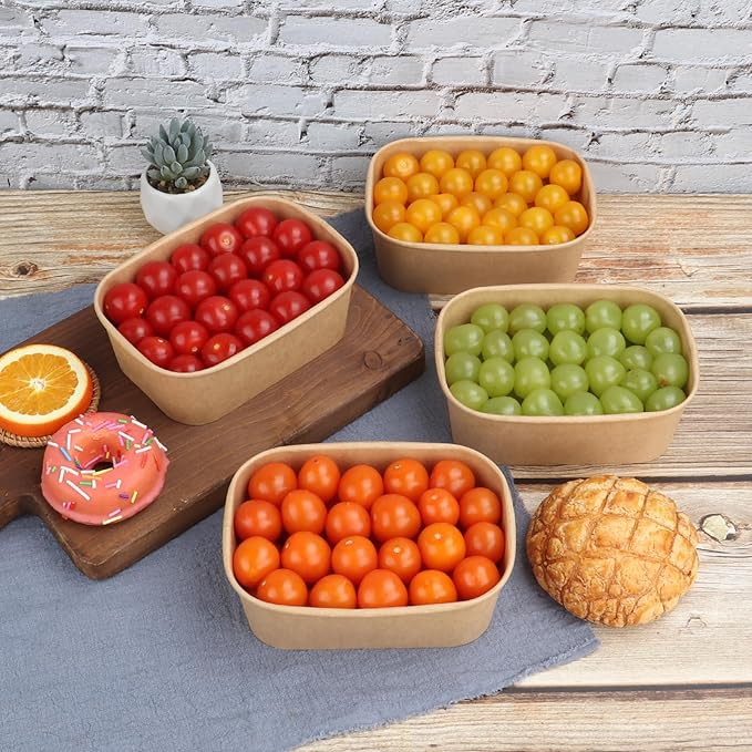 JAYEEY 28 oz Disposable Kraft paper bowls with lids, Rectangle Food containers Soup Bowls Party Supplies Treat Bowls 50 Pack
