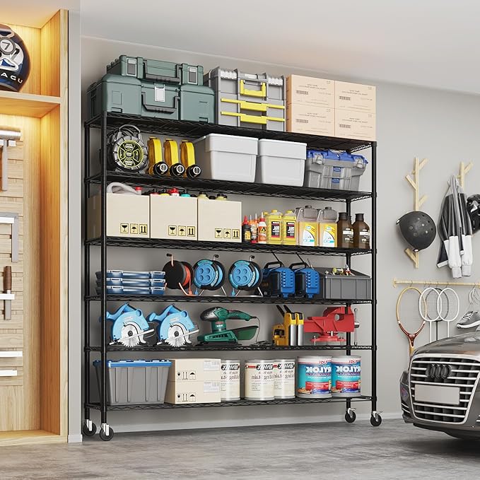 Karl home 6-Tier Metal Storage Shelves, Adjustable Wire Shelving Unit with Wheels & Leveling Feet, Heavy Duty Garage Shelving, Pantry & Kitchen Display Shelf Organizer, Home Storage Rack