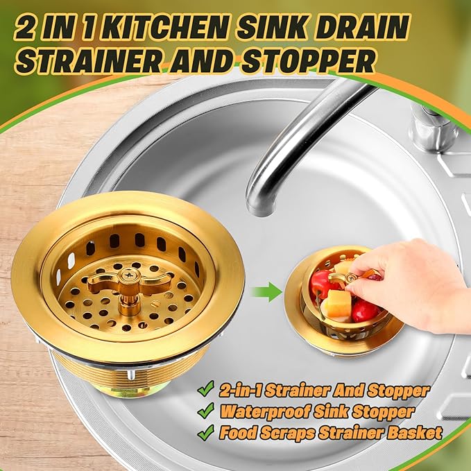 2 Pcs Kitchen Sink Drain Strainer 3-1/2 Inch Gold Stainless Steel Drainer Assembly with T Shaped Strainer Basket and Stopper for Standard 3.5 Inch Sink Drain Hole