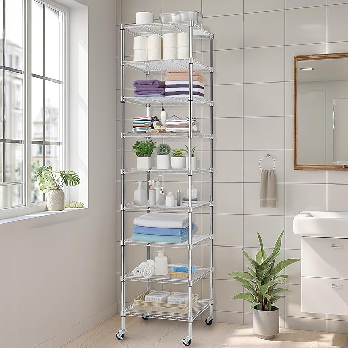Finnhomy Heavy Duty 9 Tier Wire Shelving with Wheels 18x18x79-inches 9 Shelves Metal Storage Rack Thicken Steel Tube, Pantry Shelves for Storage, Adjustable Shelving Unit, NSF Certified, Chrome