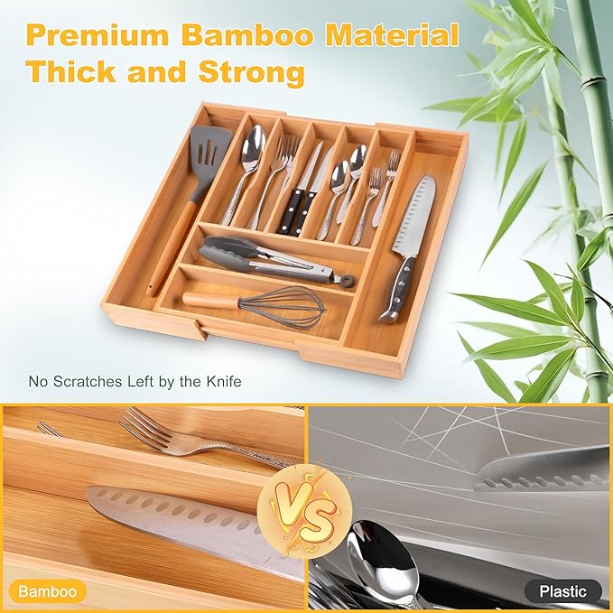 oridom Large Premium Bamboo Silverware Organizer - Expandable Drawer Organizer & Utensil Organizer - 17"x19.7" Cutlery Tray with Dividers for Kitchen Utensils and Flatware (7-9 Slots) (Natural)