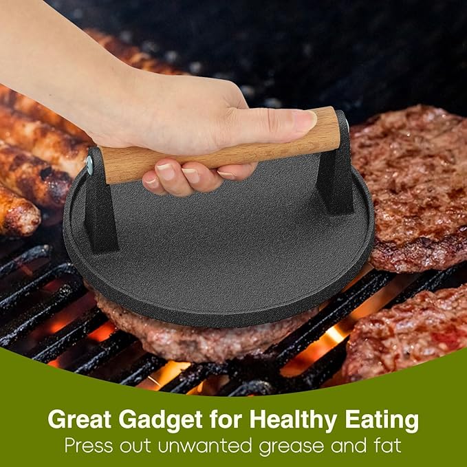 Wildone Smash Burger Press, Round Cast Iron Grill Press Burger Smasher for Griddle, Rectangular Bacon Press Meat Steak Press Sandwich Press with Wood Handle - 4Pcs