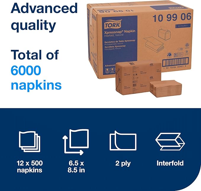 Tork Xpressnap Natural Dispenser Napkin N4, 2-ply, 1/2 Fold, One-at-a-Time Dispensing, 12 x 500, 8.5" x 6.5", 109906