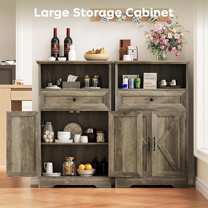 Viroformo Floor Cabinet, Farmhouse Storage Cabinet with Barn Doors and Drawer, 11.81" D x 23.62" W x 39.37" H Grey Freestanding Adjustable Shelf Organizer for Bathroom, Kitchen, Living Room