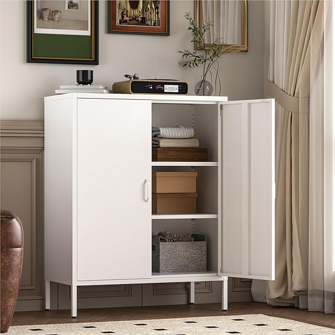 YAUWOH Metal Cabinet with 2 Doors and 4 Shelves，39.96" Tall Steel Office Cabinet,Bathroom Floor Locker，for Office,Home,Garage,Gym,School (White)