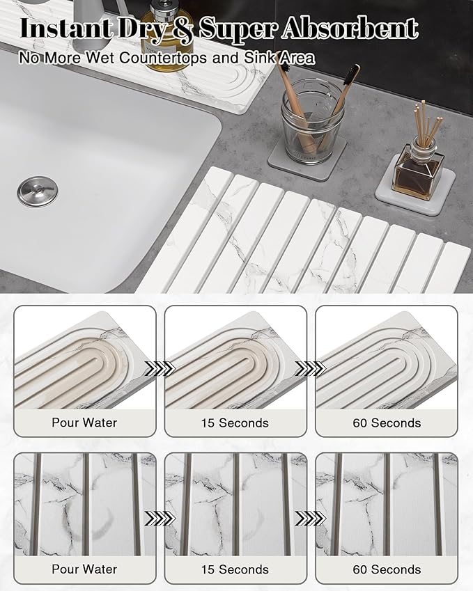 Set of 2 Large Stone Dish Drying Mat for Kitchen Counter + Faucet Mat for Kitchen Sink, Collapsible Fast Drying Diatomaceous Dish Mat, Stone Sink Splash Guard, Water Absorbing Stone Tray for Sink