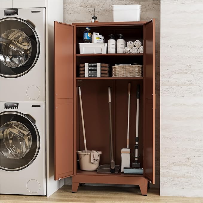 YNIQUESTLE Farmhouse Pantry Cabinet with Barn Doors, 71" H x 31.5" W, 5-Tier Metal Storage Cabinet with 4 Adjustable Shelves for Kitchen Garage Dining Room,Brown