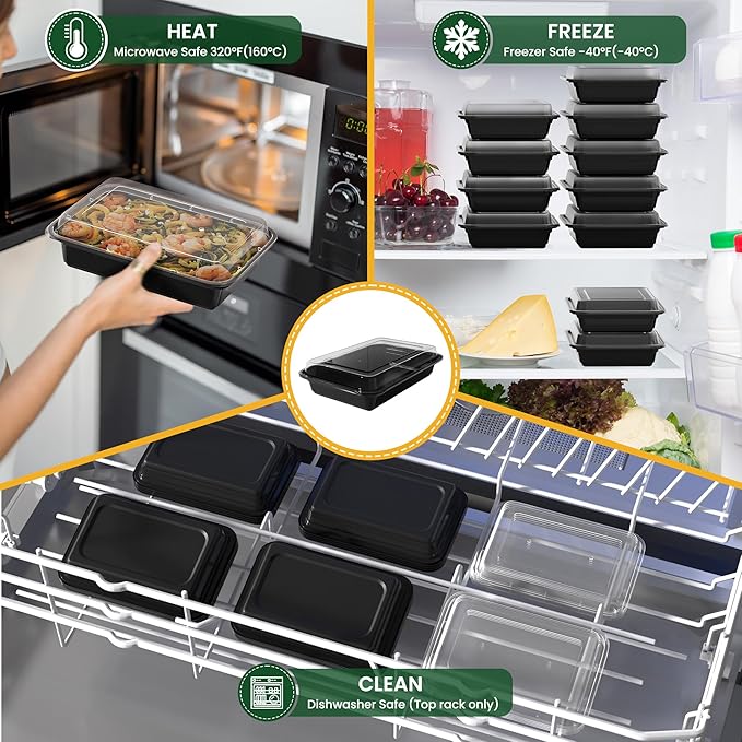 Geisoun 38oz Meal Prep Containers [50-Pack], Reusable Bento Box with Easy-Snap Leakproof Lids - Microwave, Dishwasher & Freezer Safe Food Storage, BPA-Free Plastic Lunch Containers (Black)