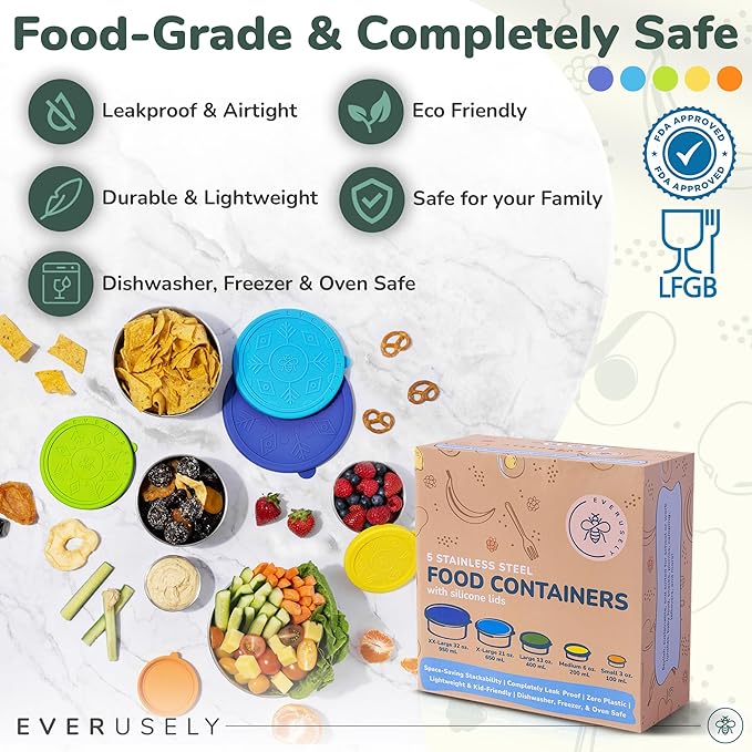 Everusely - Stainless Steel Containers with Lids - Set of 5, Summer Collection - Leakproof Stainless Steel Food Containers - Nesting Snack Holders - Metal Lunch Box - Portable & Reusable Meal Kit