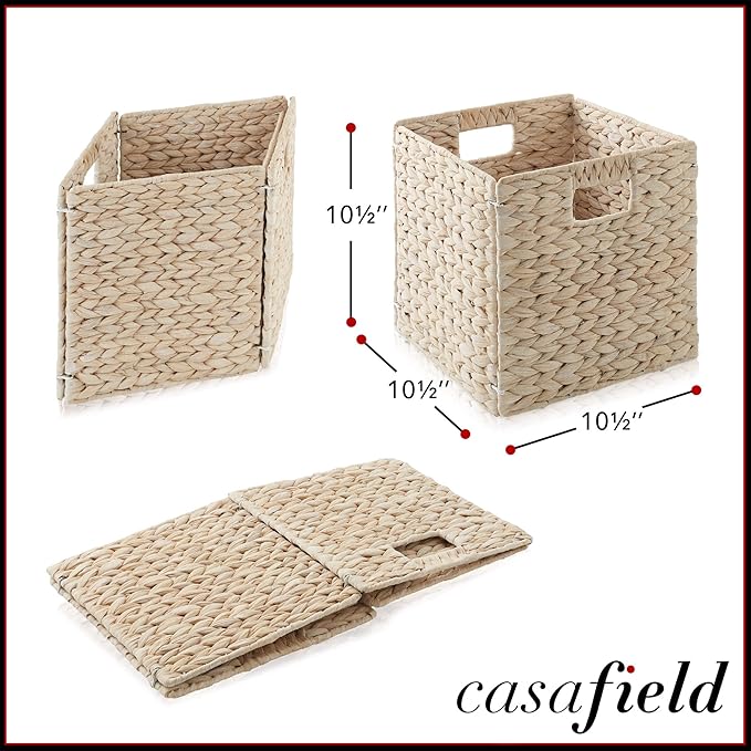 Casafield 10.5" x 10.5" Hyacinth Storage Baskets, Whitewash - Set of 6 Storage Organizers, Woven Wicker Cubes