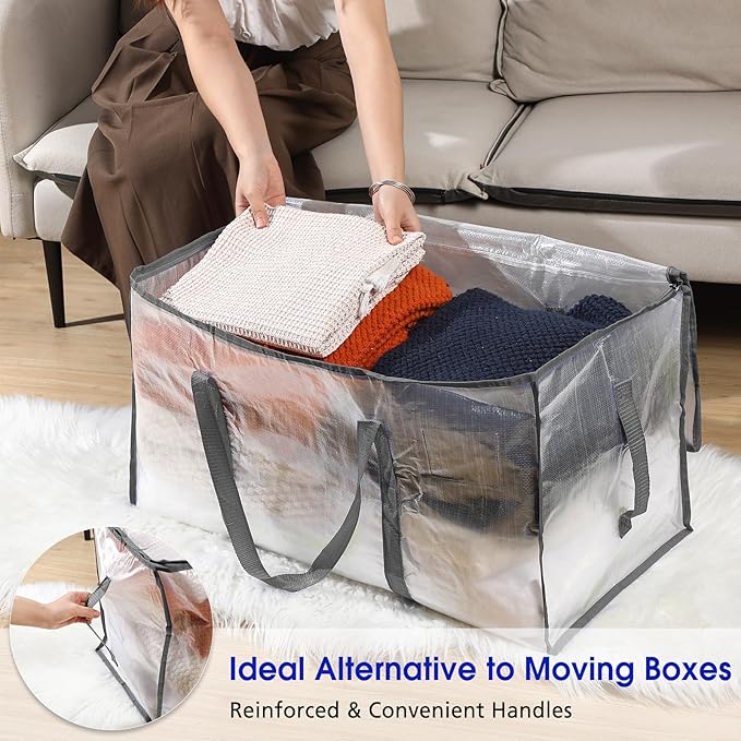 Aliceset 12-Pack Clear Moving Bags 90.84L Heavy Duty Extra Large Storage Totes with Reinforced Handles & Zippers, for Moving, College Dorm, Traveling(Gray)