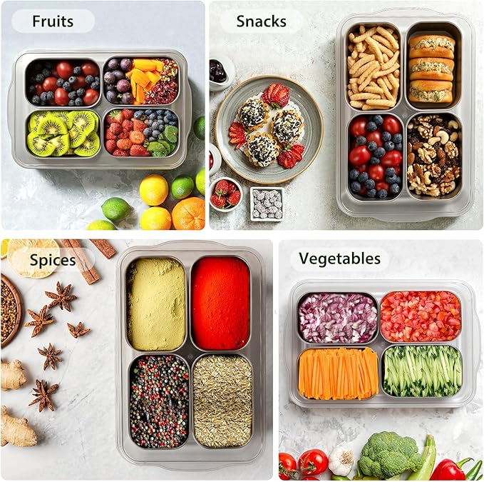 Freshmage Snackle Box Container, Stainless Steel Divided Serving Snack Tray with Lid and Handle, 4 Compartment Portable Snack Platters for Road Trip, Beach, Picnic, Ball Games, Pool and Parties