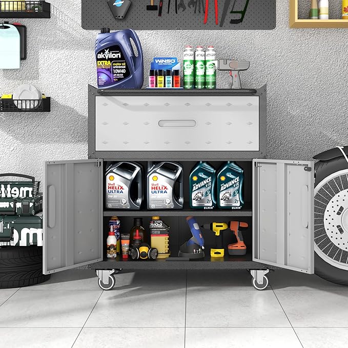 BIZOEIRON Metal Storage Cabinet with Wheels, Rolling Tool Cabinet with Adjustable Shelve, Locking Garage Storage Cabinet with 1 Drawer and 2 Doors for Tools, Assembly Required (Black/Grey)
