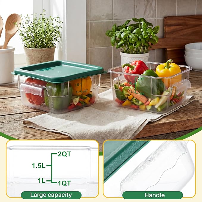 1 Pcs 2 Qt Square Food Storage Container with Lid, Clear Plastic Container with Lid and Scale in Green, Kitchen Organization Set for Home Kitchen, Restaurant Meal Prep