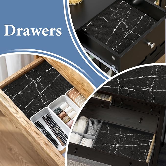 Drawer and Shelf Liner for Kitchen Cabinet: 17 in X 30 Ft Non Slip Waterproof Shelf Paper Non Adhesive Refrigerator Liners Black Marble Easy Liners for Bathroom with Knife Tape Measure