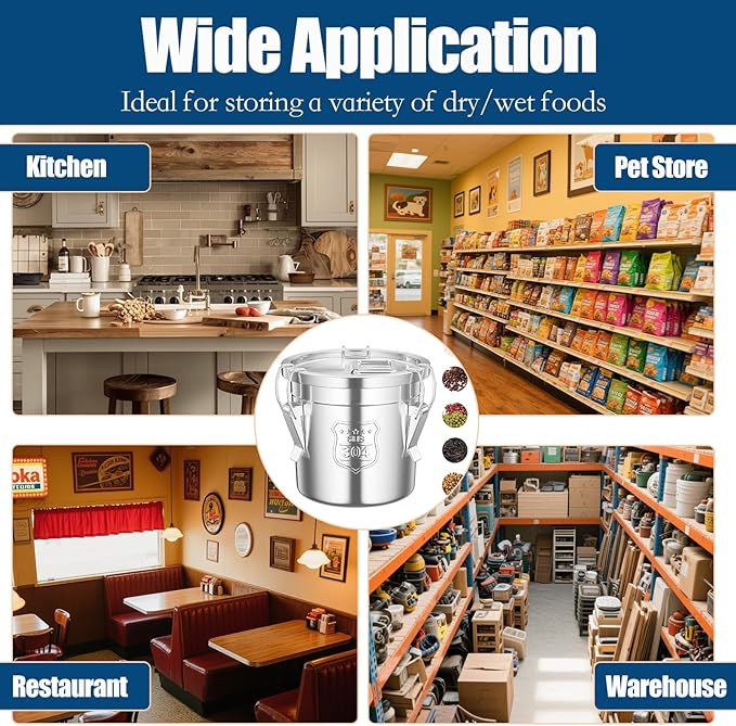 3.17Gal/12L Stainless Steel Airtight Canister, Airtight Food Storage Container with Lid and Lock Clips, 304 Stainless Steel Bucket for Rice, Flour, Grain, Coffee Bean
