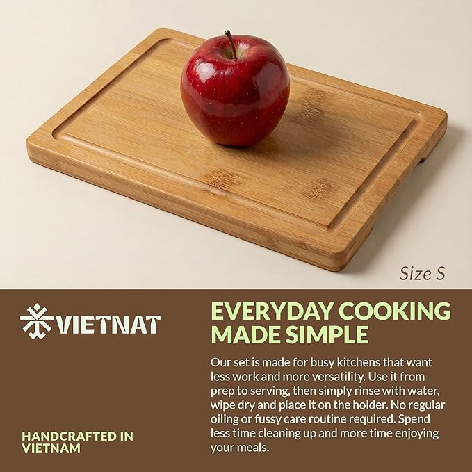 Vietnam Carbonized Bamboo Cutting Board Set of 3 with Holder, Non Toxic Reversible Boards with Juice Groove, Smooth Finish and Non Slip Feet, Handmade in Vietnam for Prep and Charcuterie