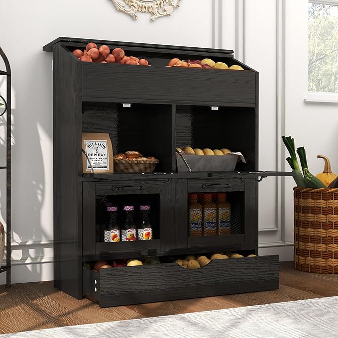 Verano Garden Large Potato Storage Bin, Wooden Bread Box with Lid, Potato and Onion Storage Bin with 4 Mesh Doors & Removable Drawer, Fruit and Vegetable Storage Rack for Pantry Kitchen (Black, 31.5")