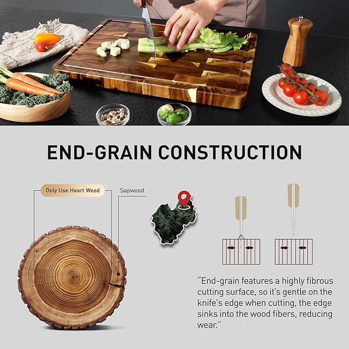 Extra Large End Grain Cutting Board for Kitchen with Non-slip Feet, Acacia Wood Heavy Duty Checkered Cutting Board Handcrafted Luxury Chopping Board for Cheese and Vegetables Housewarming Gift