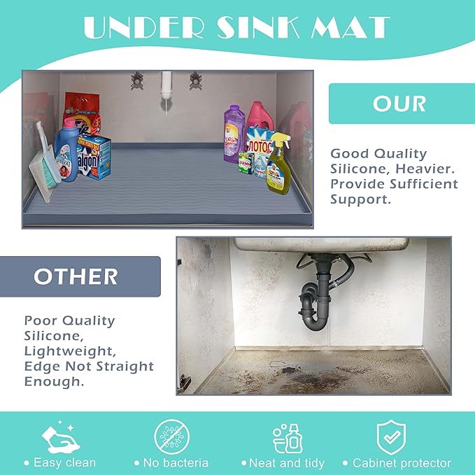 URMONA Waterproof Silicone Under Sink Mat 19'' x 12'' Shelf Liner for Kitchen and Bathroom, Cabinet and Counter Protector, Storage and Organizers, Litter Mat, Pet Cat Puppy Essentials(Beige)